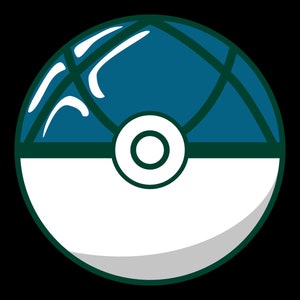 May include: A blue and white Poke Ball with a green outline. The ball has a white center with a black circle in the middle.