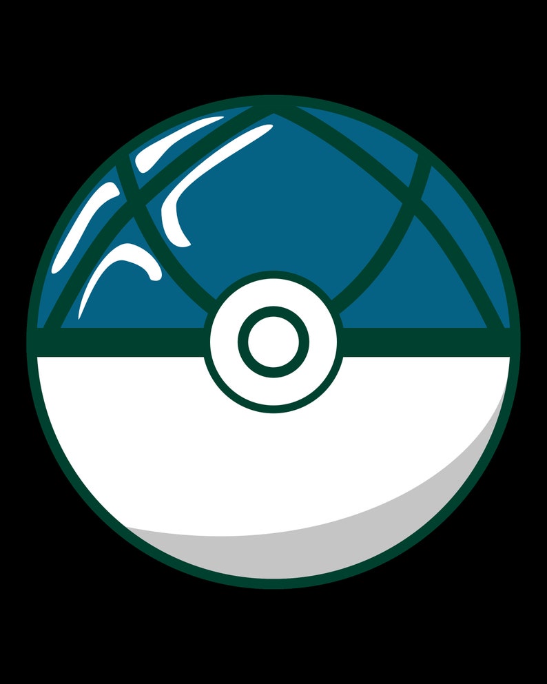 May include: A blue and white Poke Ball with a green outline. The ball has a white center with a black circle in the middle.