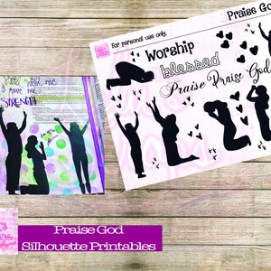 Imprimables numériques pour la journalisation biblique ou l’art de la foi - Silhouette noire louez les silhouettes de Dieu avec des titres - Imprimez des autocollants à la maison !
