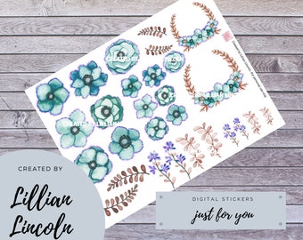 Beautiful Blue variant flowers with a hint of purple glitter border Digital Print Your Own Stickers (at home) - digital flowers