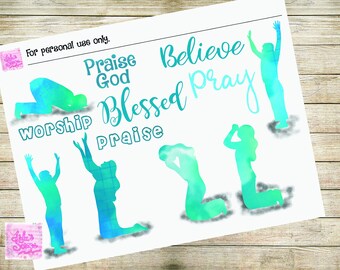 Digital Printables for Bible Journaling or Faith Art - Blue Praise God Silhouettes with Titles - Print at Home - Print Yourself Stickers