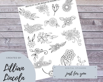 Beautiful Black and white DIY colour your own Flowers Sticker Digital Printables