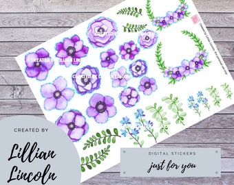 Beautiful Purple flowers with a hint of turquoise glitter border Digital Print Your Own Stickers (at home) - digital flowers