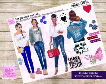 Beautiful Digital Art of Bible Girls for your Faith Art or Bible Journaling - set of 4 Bible Girls with Faith Sayings