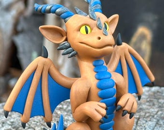 Bronze Blue Polymer Clay Handmade Dragon Sculpture