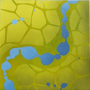 May include: Abstract painting with a green background and a blue, organic shape that resembles a river or stream. The blue shape is made up of a series of connected circles.