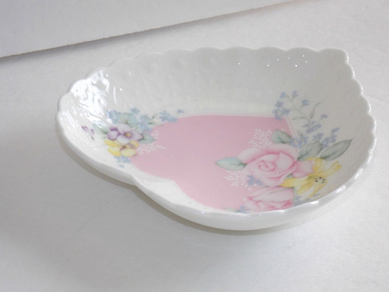 Heart Dish Vintage Mikasa From My Heart Pink Center Heart Roses and Flowers White Embossed Porcelain