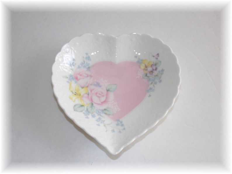Heart Dish Vintage Mikasa From My Heart Pink Center Heart Roses and Flowers White Embossed Porcelain