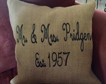 Mr. & Mrs. Burlap pillow case