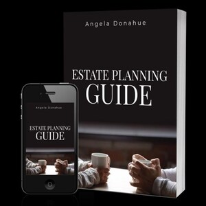 May include: A black and white book cover with the title "Estate Planning Guide" and the author's name "Angela Donahue". A black smartphone with a similar cover is shown in front of the book.