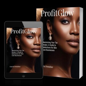 Könnte beinhalten: Ein Buchcover mit dem Gesicht einer Frau. Der Titel des Buches lautet "ProfitGlow: Maximizing Your Tax Breaks: A Guide to Deductions for Skin Care Businesses" von Angela Donahue.