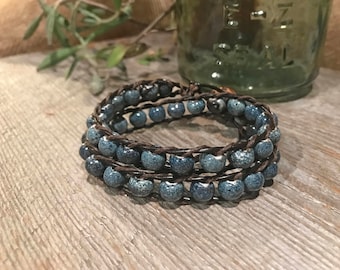 Moonstone Genuine Leather Double Wrap Bracelet with Ceramic Beads