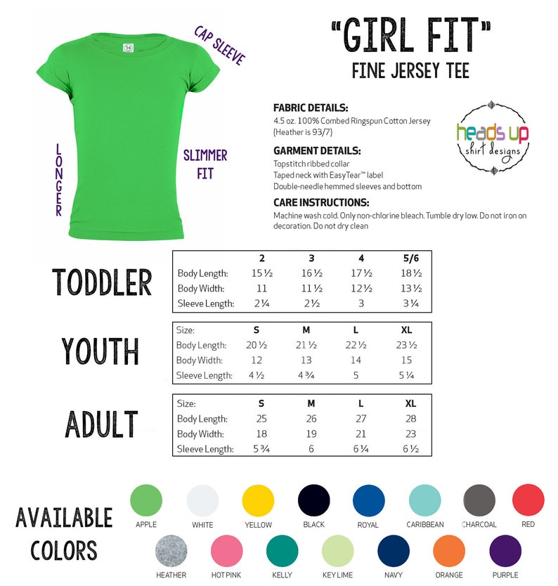 Puede incluir: Un gr&aacute;fico que muestra las medidas de talla para una camiseta de punto fino "Girl Fit" en tallas de ni&ntilde;o peque&ntilde;o, joven y adulto. El gr&aacute;fico incluye las medidas de la longitud del cuerpo, el ancho del cuerpo y la longitud de la manga. Los colores disponibles se muestran debajo del gr&aacute;fico, incluyendo manzana, blanco, amarillo, negro, azul real, caribe, carb&oacute;n, rojo, brezo, rosa intenso, kelly, lima, azul marino, naranja y morado.