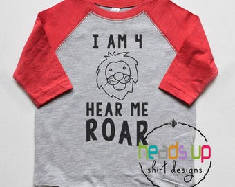 4th Birthday Shirt Toddler Boy or Girl - I Am 4 Hear Me Roar Raglan Shirt Kids - Animal Lion Bday tshirt Four - Trendy Fourth Bday Tee Lion