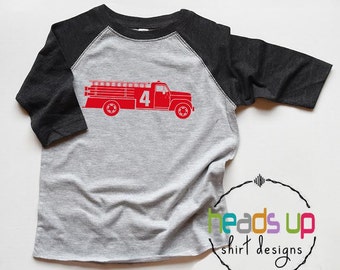 Fire Truck 4 Shirt Toddler Boy/Girl - Fourth Birthday Shirt Fire Truck Raglan - 4th Bday tshirt Fireman - Trendy Birthday Tee Firetruck Gift