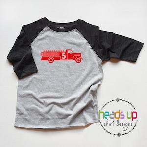 Fire Truck 5 Shirt Toddler Boy/Girl - Fifth Birthday Shirt Fire Truck Raglan - 5th Bday tshirt Fireman - Trendy Birthday Tee Firetruck Gift
