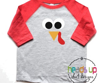 Toddler Raglan Turkey Face Shirt Boy Baby Girl Turkey Bodysuit Thanksgiving Turkey tshirt Kids Thanksgiving Tes Popular Turkey Gobble