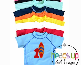 1st Birthday Rashguard Swim Shirt Surfboard - First Birthday Beach Swim Rash Guard Surf - Pool Party One Bday Shirt Baby - Toddler Kids Swim