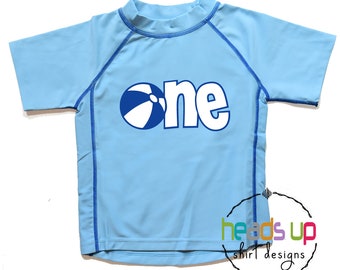 One Birthday Beach Ball Rashguard Boy Swim Shirt Girl 1 Birthday 1st Bday Kids Rash Guard Pool Party Shirt First Sun tshirt tee popular Gift