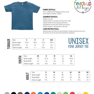 May include: A size chart for unisex fine jersey t-shirts in toddler, youth, and adult sizes. The chart shows measurements for body length, body width, and sleeve length in inches. The chart also includes a color palette with 12 different colors.