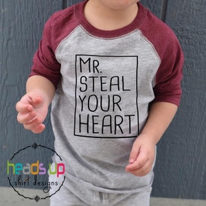 Toddler Boy Baby Valentine's Day Shirt Funny Kids Raglan Mr. Steal Your Heart Valentine's Day tshirt Trendy Valentine Tee Kid Popular Cute