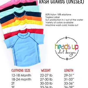 Op de afbeelding: Een tabel met maten en gewichten voor zwemshirts en rashguards voor kinderen. De tabel bevat maten van 12-18 maanden tot 5T, met overeenkomstige gewichten van 22-27 lbs tot 40-46 lbs. De tabel bevat ook overeenkomstige lengtes van 29-31 inch tot 42-45 inch.
