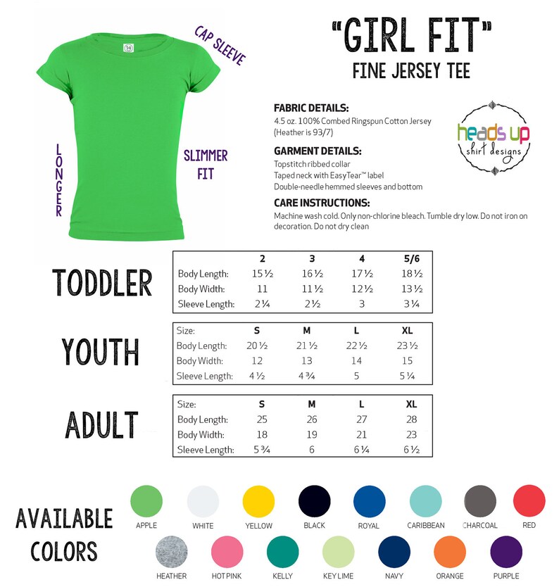 May include: A chart showing the size measurements for a "Girl Fit" fine jersey tee in toddler, youth, and adult sizes. The chart includes measurements for body length, body width, and sleeve length. The available colors are shown below the chart, including apple, white, yellow, black, royal, caribbean, charcoal, red, heather, hot pink, kelly, key lime, navy, orange, and purple.