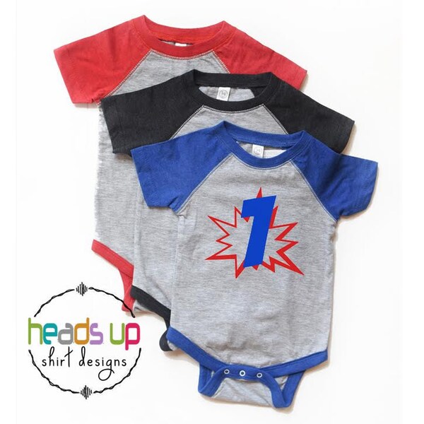 1 Superhero Birthday Shirt - First Birthday Bodysuit Baby Boy/Girl Superhero - Toddler Boy/Girl Super Hero Tee Raglan - 1st Bday Trendy Gift