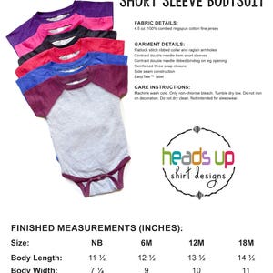 May include: Grey short-sleeved raglan bodysuit with a contrasting coloured sleeve. The bodysuit is available in sizes newborn, 6 months, 12 months, and 18 months. The fabric is 4.5 oz. 100% combed ringspun cotton fine jersey. The bodysuit has a flatlock stitch ribbed collar and raglan armholes, contrast double needle hem short sleeves, contrast double needle ribbed binding on leg opening, reinforced three snap closure, side seam construction, and an EasyTear&trade; label. Machine wash cold. Only non-chlorine bleach. Tumble dry low. Do not iron on decoration. Do not dry clean. Not intended for sleepwear.