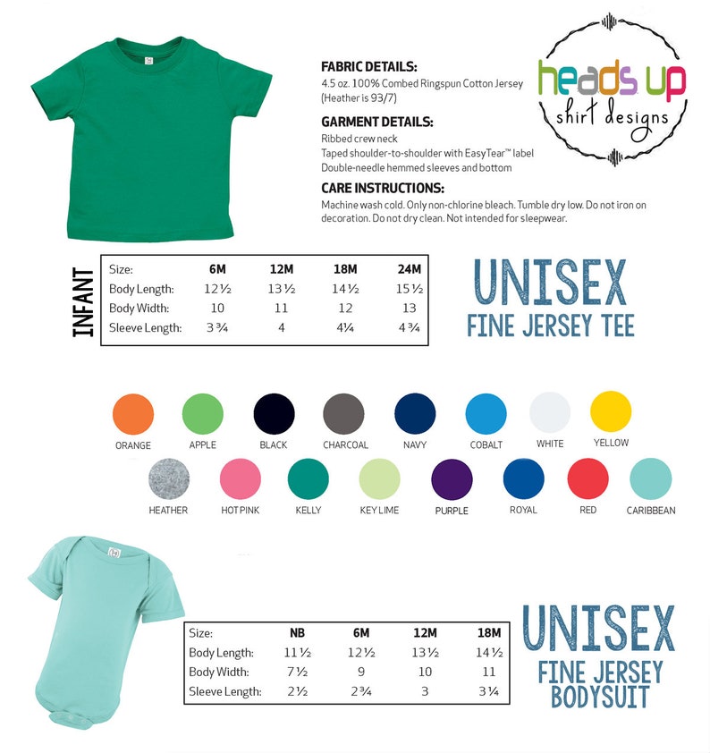 K&ouml;nnte beinhalten: Unisex-Gr&ouml;&szlig;entabelle f&uuml;r Feinstrick-T-Shirt und Bodysuit mit Farbmustern. Die Tabelle zeigt Gr&ouml;&szlig;en von Neugeborenen bis 24 Monate. Die Farbmuster umfassen Orange, Apfel, Schwarz, Anthrazit, Marine, Kobalt, Wei&szlig;, Gelb, Heidekraut, Pink, Kelly, Limette, Lila, Royal, Rot und Karibik.