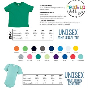 May include: Unisex fine jersey tee and bodysuit sizing chart with color swatches. The chart shows sizes from newborn to 24 months. The colors include orange, apple, black, charcoal, navy, cobalt, white, yellow, heather, hot pink, kelly, key lime, purple, royal, red, and caribbean.