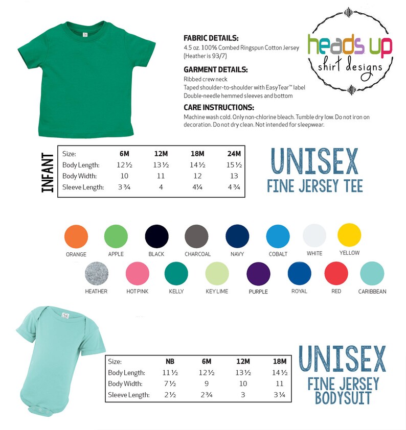 May include: Unisex fine jersey tee and bodysuit sizing chart with color swatches. The chart shows sizes from newborn to 24 months. The colors include orange, apple, black, charcoal, navy, cobalt, white, yellow, heather, hot pink, kelly, key lime, purple, royal, red, and caribbean.