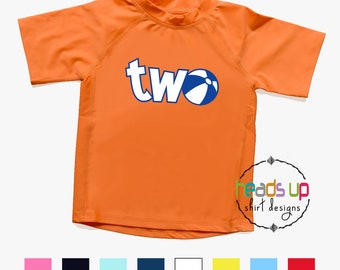 Two Boy Girl Birthday Beach Ball  Swim Shirt Rashguard  2 - Toddler 2nd Bday Kids Rash Guard Pool Party Shirt Second Sun tshirt tee popular