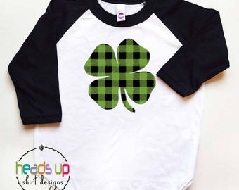 Shamrock Shirt Raglan Boy Toddler Girl Buffalo Plaid St. Patrick's Day Clover Baby tshirt Kids St. Patty's Day Popular Trendy Tees Gift