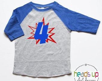 Superhero Toddler Shirt 4 - Fourth Birthday Superhero Shirt Raglan - 4th Bday Superhero Party Tee - Trendy Kids Super Hero tshirt - Gift