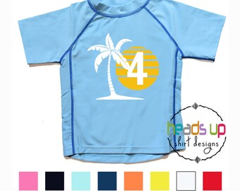 Kids Swim Shirt Four Birthday Rashguard Boy Girl Palm Tree - Popular 4th Bday Rash Guard tshirt - Fourth Kids Fun Tee Pool Party 4 Cute Gift