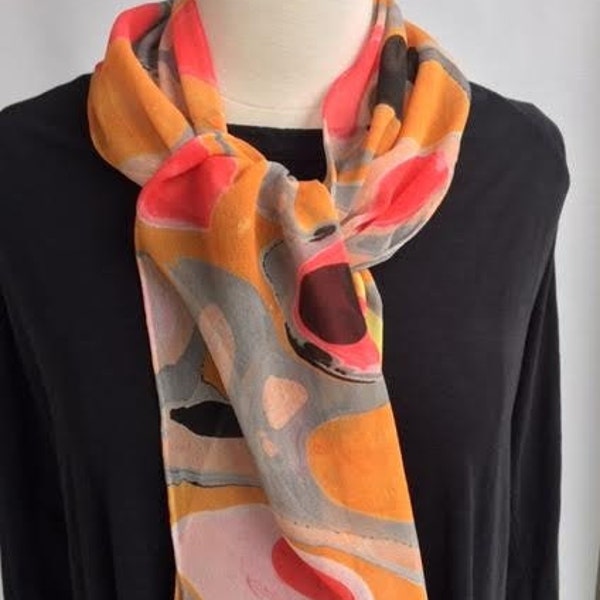 Handmade marbled Silk Chiffon scarf 50" by 8"