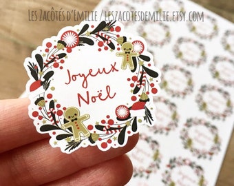 Autocollants en papier "Joyeux Noël" en couronne de noël, pain d'épice