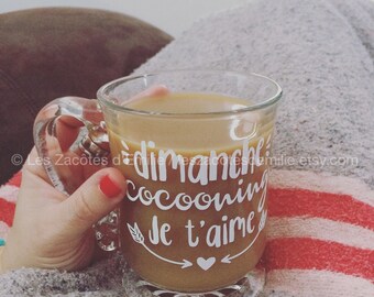 Décalque "Dimanche cocooning, je t'aime" pour coller sur une tasse