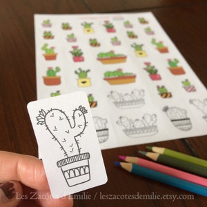 Cactus stickers (set of several cactus) including some to color on white paper or kraft paper