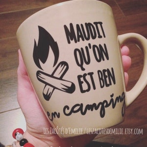 Decal Maudit qu'on est ben en camping for stick on your mug, mason jar image 1