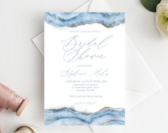 Bridal Shower Invite Template INSTANT DOWNLOAD Navy Light Blue Gold Geode Boho Bridal Shower Invitation Editable Printable Templett W049
