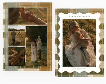 Plaid Scalloped Frame Christmas Card Template Canva Holiday Photo Collage Card with Rustic Green & Gold Pattern Digital Download CXMAS084
