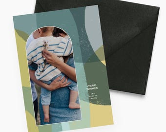 Heldere en kleurrijke kerstkaart met boogvorm (Canva-sjabloon) | Feestdagenfotokaart | Bewerkbaar nieuwjaarskaartontwerp CXMAS116