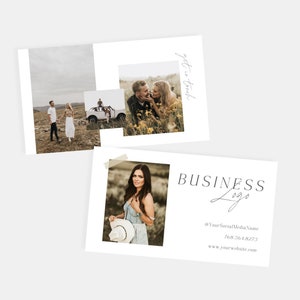 May include: White business cards with photos and text. One card features a woman holding a hat, with the words "BUSINESS LOGO" and contact information. Another card has three photos and the words "get in touch".