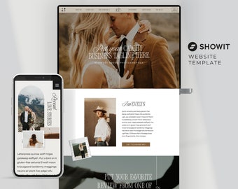 May include: A website template for photographers, featuring a couple in a field, a woman in a hat, and text that says "Put your catchy business tagline here. Midwest based photographer."