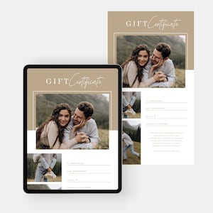 Sienne | Modèle de certificat-cadeau d'entreprise numérique CANVA Photography Modèle modifiable de carte-cadeau de photographe PG004