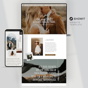 Könnte beinhalten: Eine Website-Vorlage für Fotografen mit einem Paar auf einem Feld, einer Frau mit Hut und dem Text "Setzen Sie Ihren einprägsamen Slogan hier ein. Fotograf aus dem Mittleren Westen."