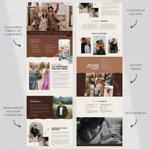 Pu&ograve; includere: Un layout di sito web con schema di colori marrone e crema, con esempi di fotografia di matrimonio. Il design include sezioni per sessioni di fidanzamento, ispirazione per l'outfit e testimonianze dei clienti. Il testo include "Sommario" e "Congratulazioni, sei fidanzato!"