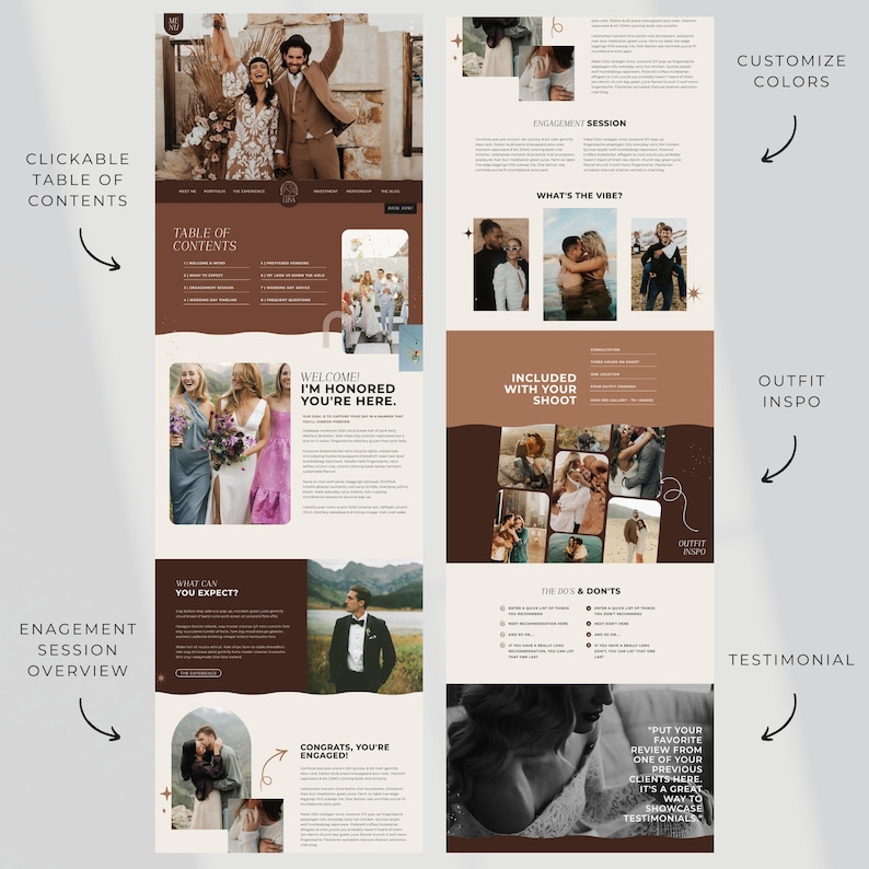 Pu&ograve; includere: Un layout di sito web con schema di colori marrone e crema, con esempi di fotografia di matrimonio. Il design include sezioni per sessioni di fidanzamento, ispirazione per l'outfit e testimonianze dei clienti. Il testo include "Sommario" e "Congratulazioni, sei fidanzato!"